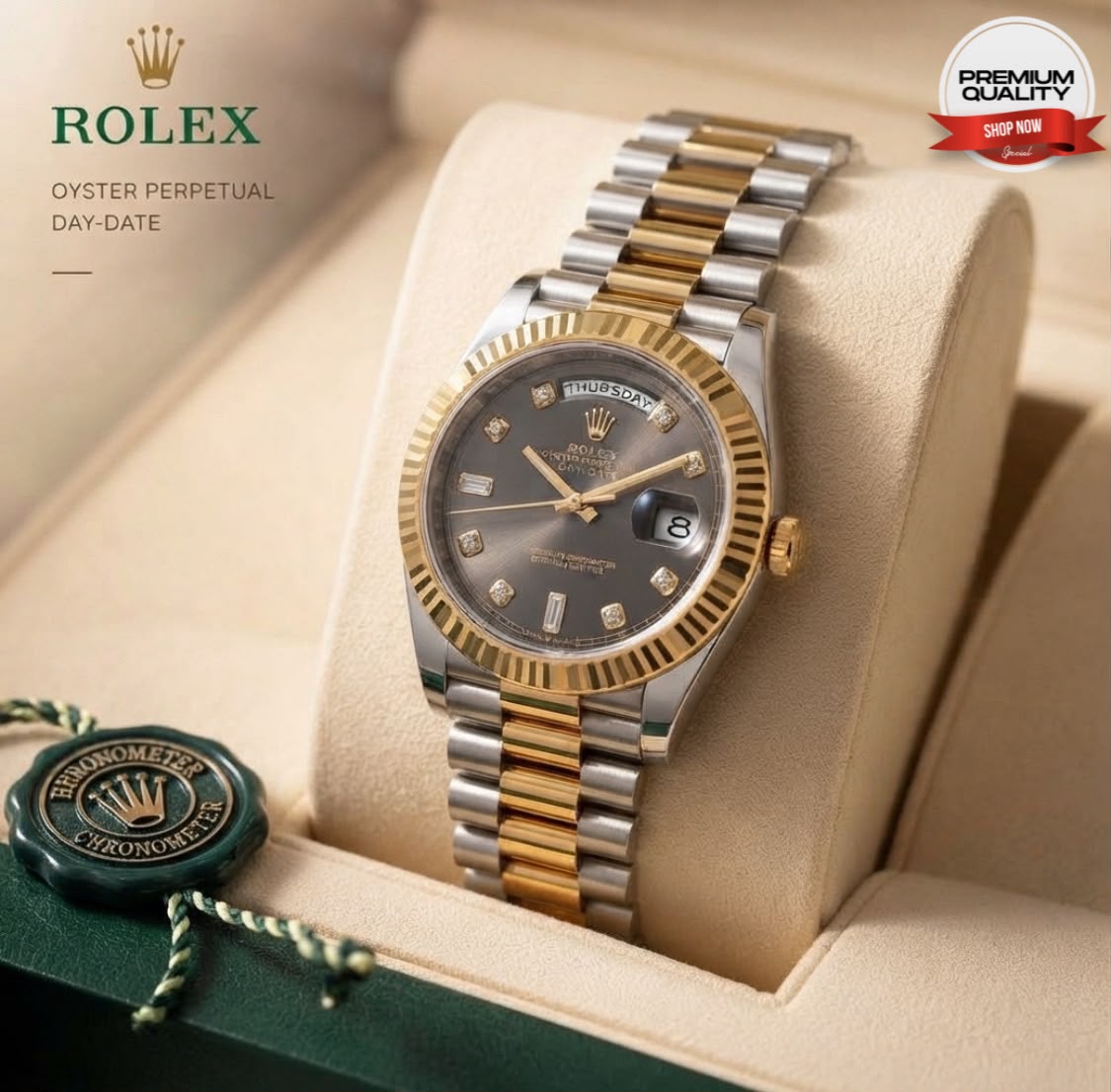 Rolex Day & Date Diamond Cut Watch for Men