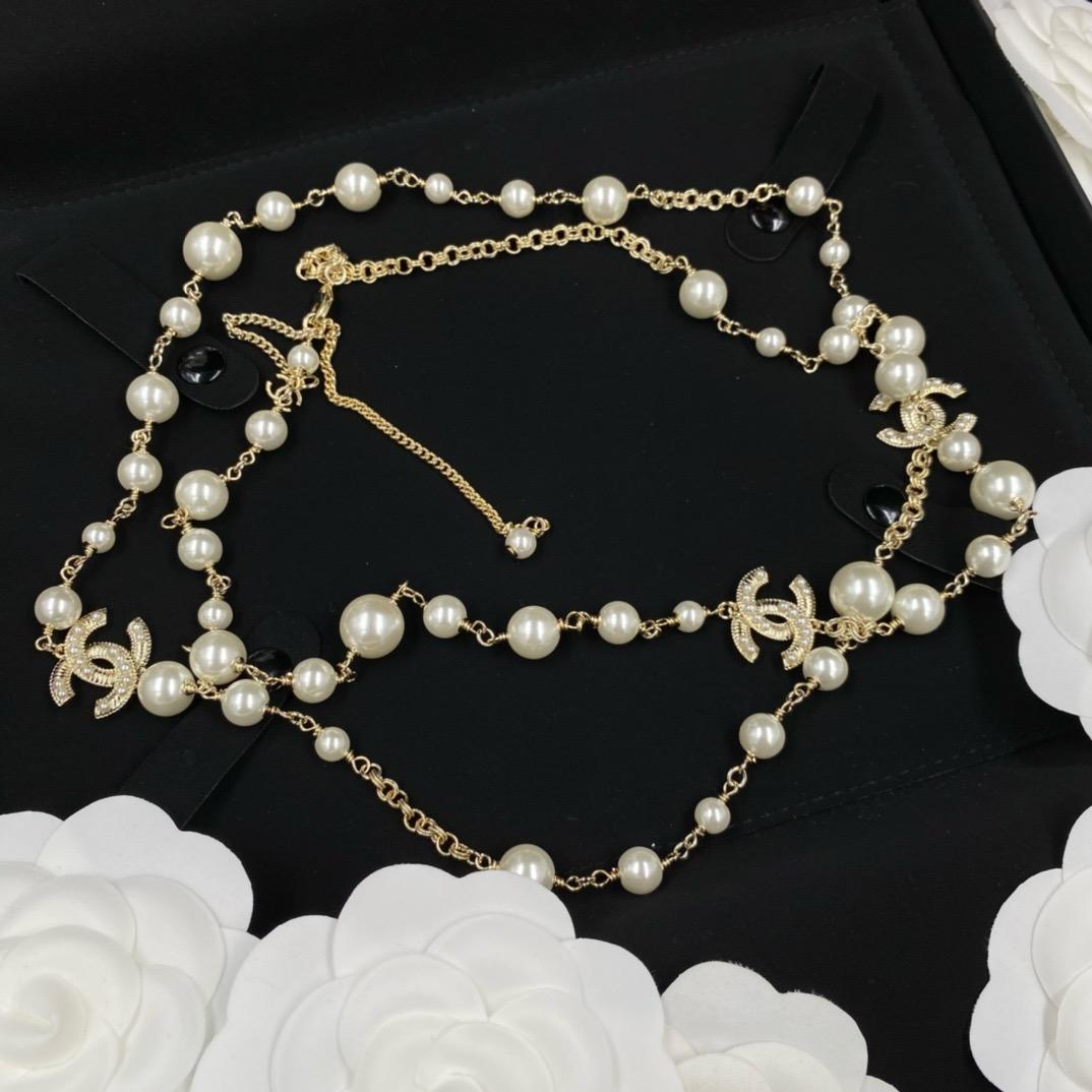 Chanel Crystal & Faux Pearl Long Station Emblem Necklace for Women