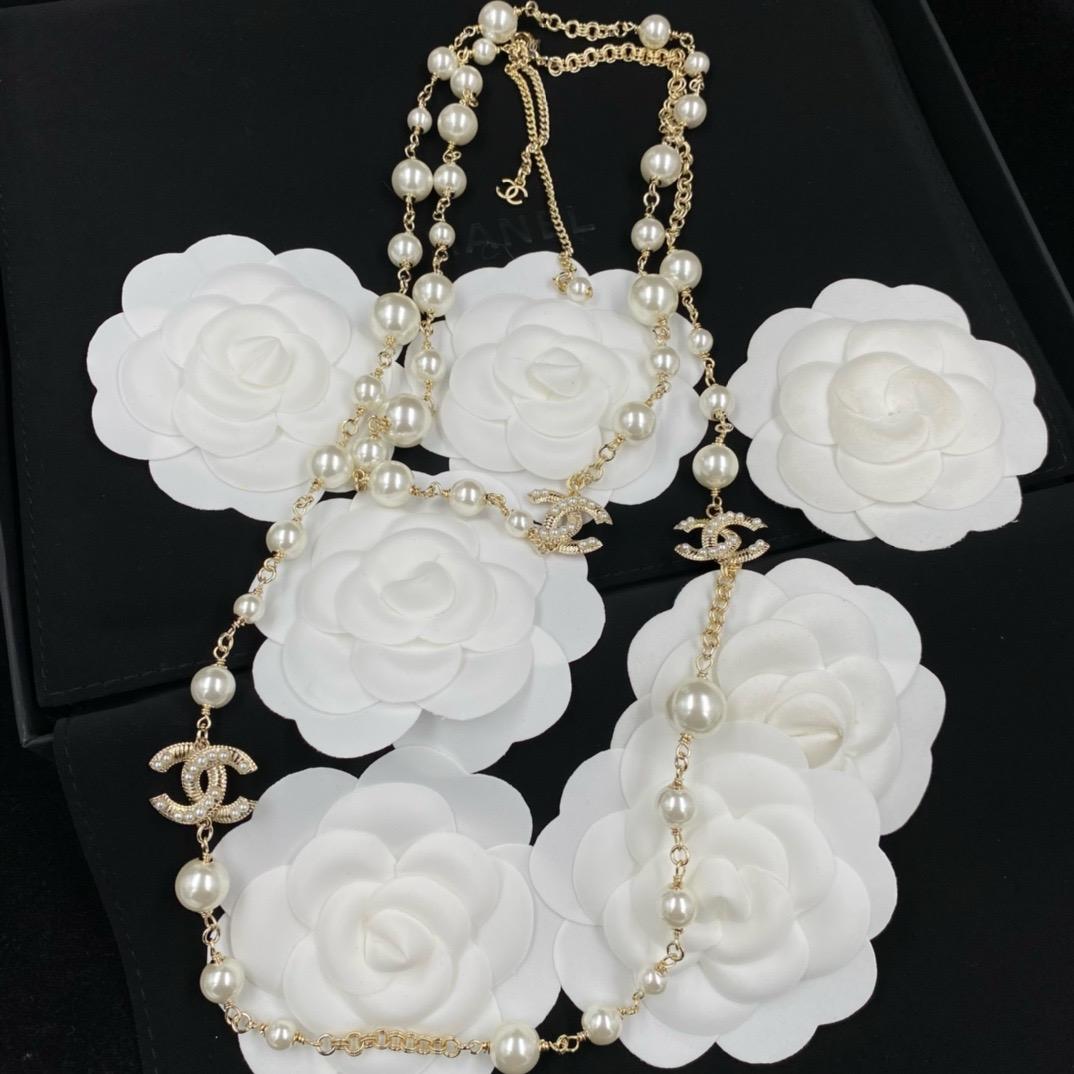 Chanel Crystal & Faux Pearl Long Station Emblem Necklace for Women