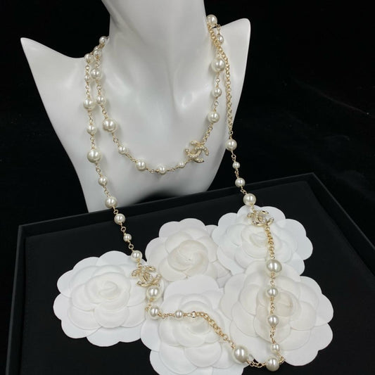 Chanel Crystal & Faux Pearl Long Station Emblem Necklace for Women