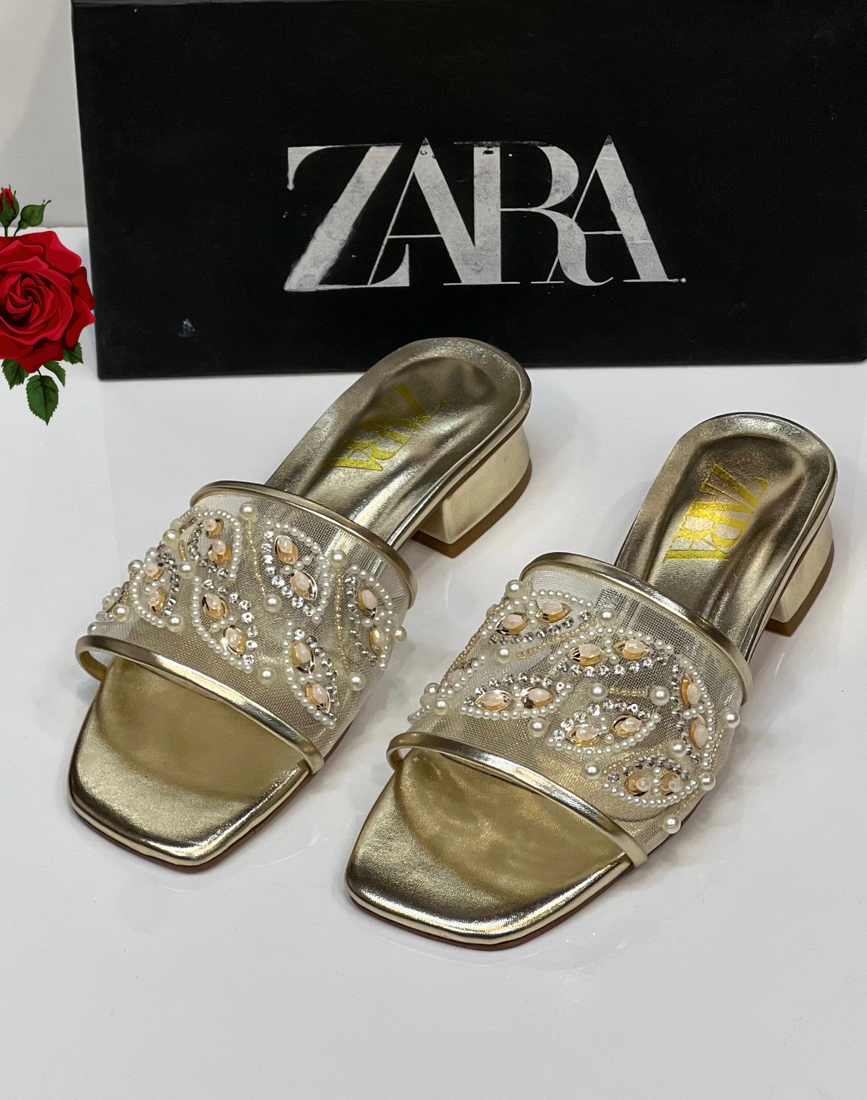 Za ra Golden Embroidery Heel for Women