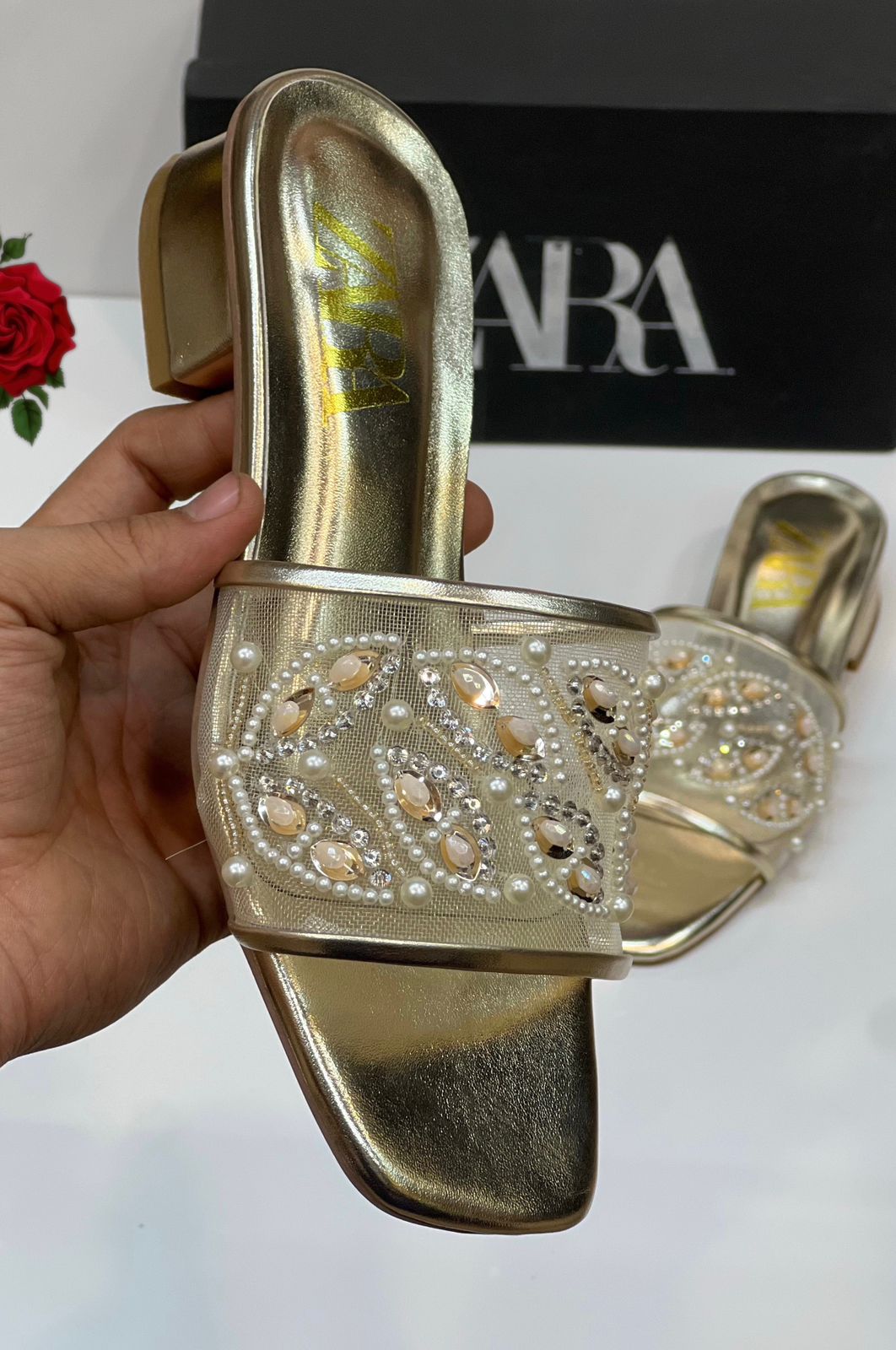 Za ra Golden Embroidery Heel for Women