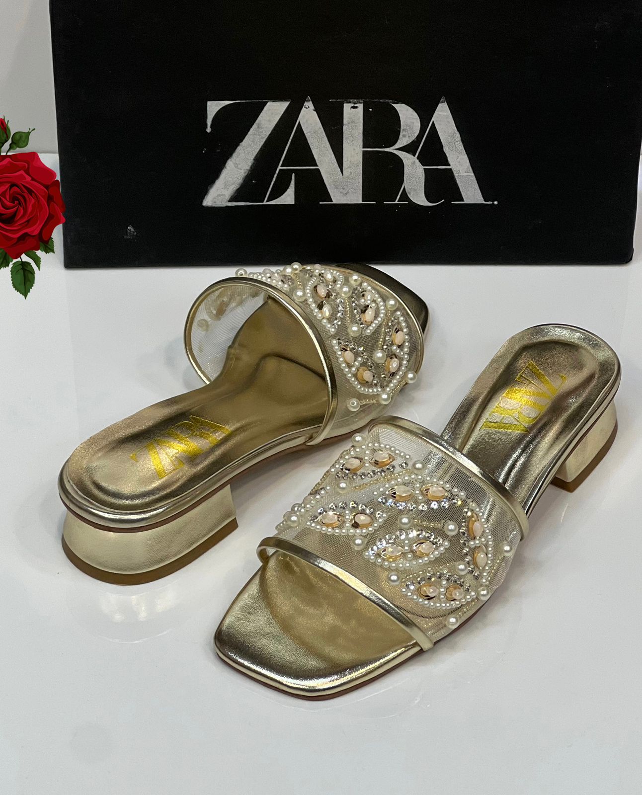 Za ra Golden Embroidery Heel for Women