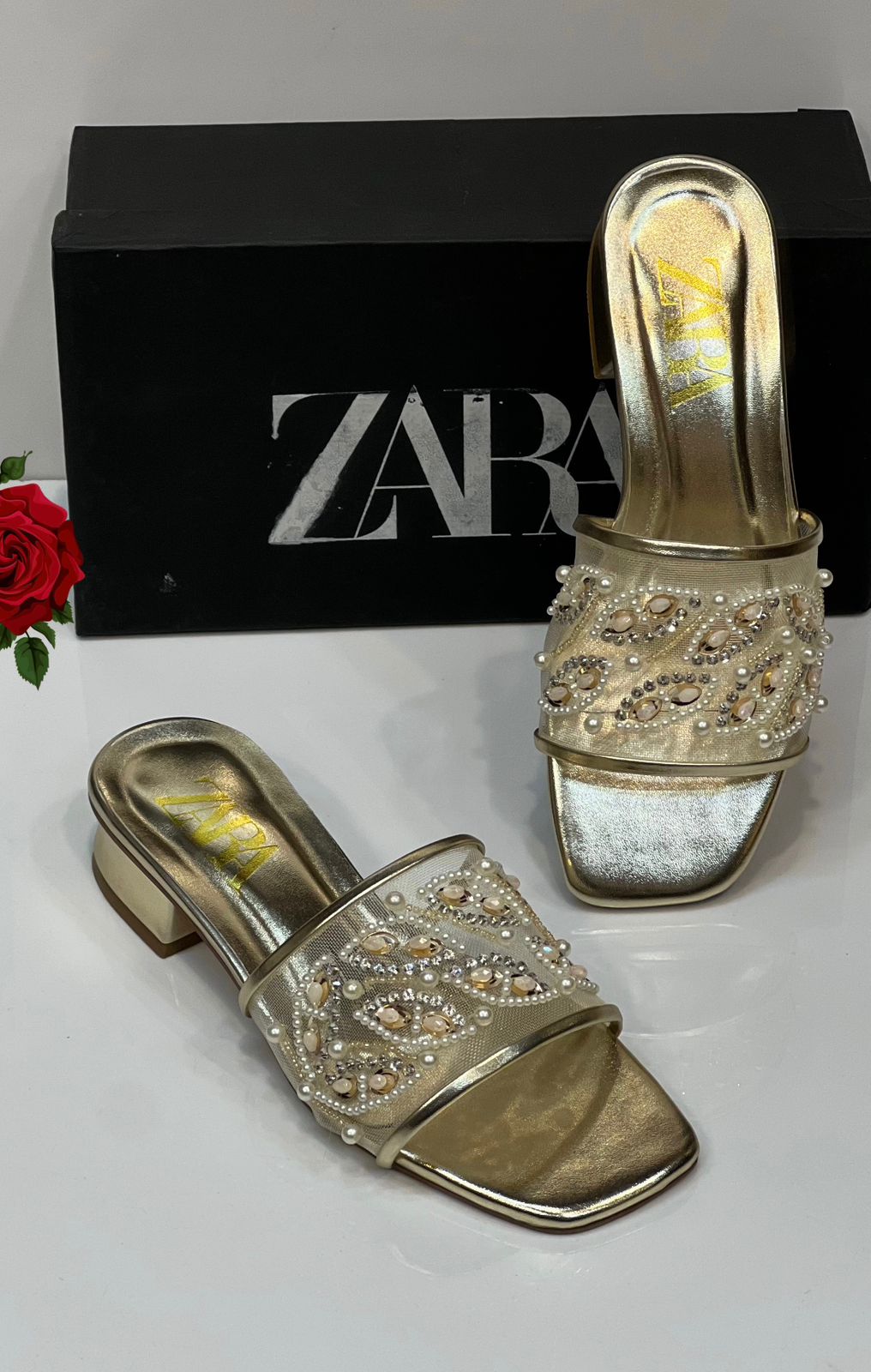 Za ra Golden Embroidery Heel for Women