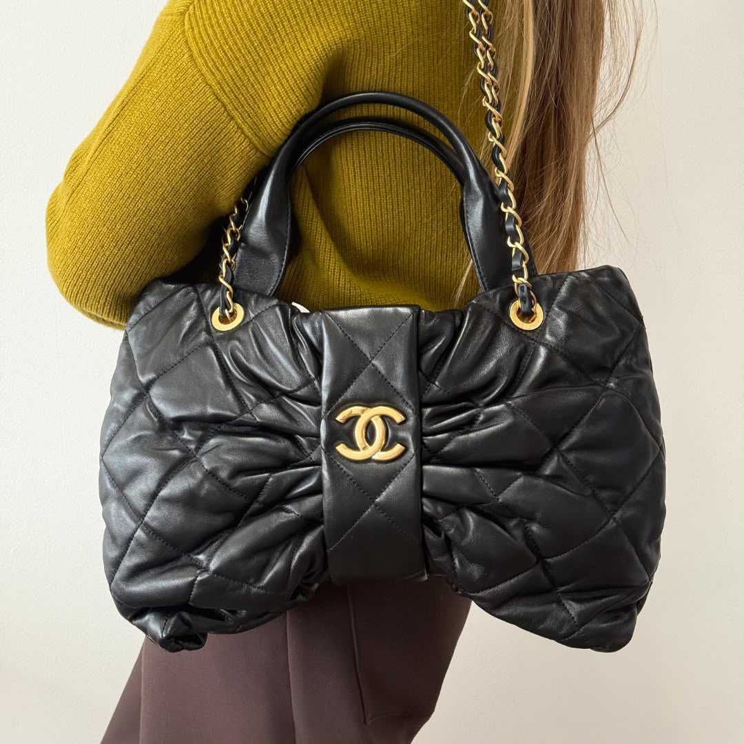 Black Quilted Leather Handbag with Chain Strap