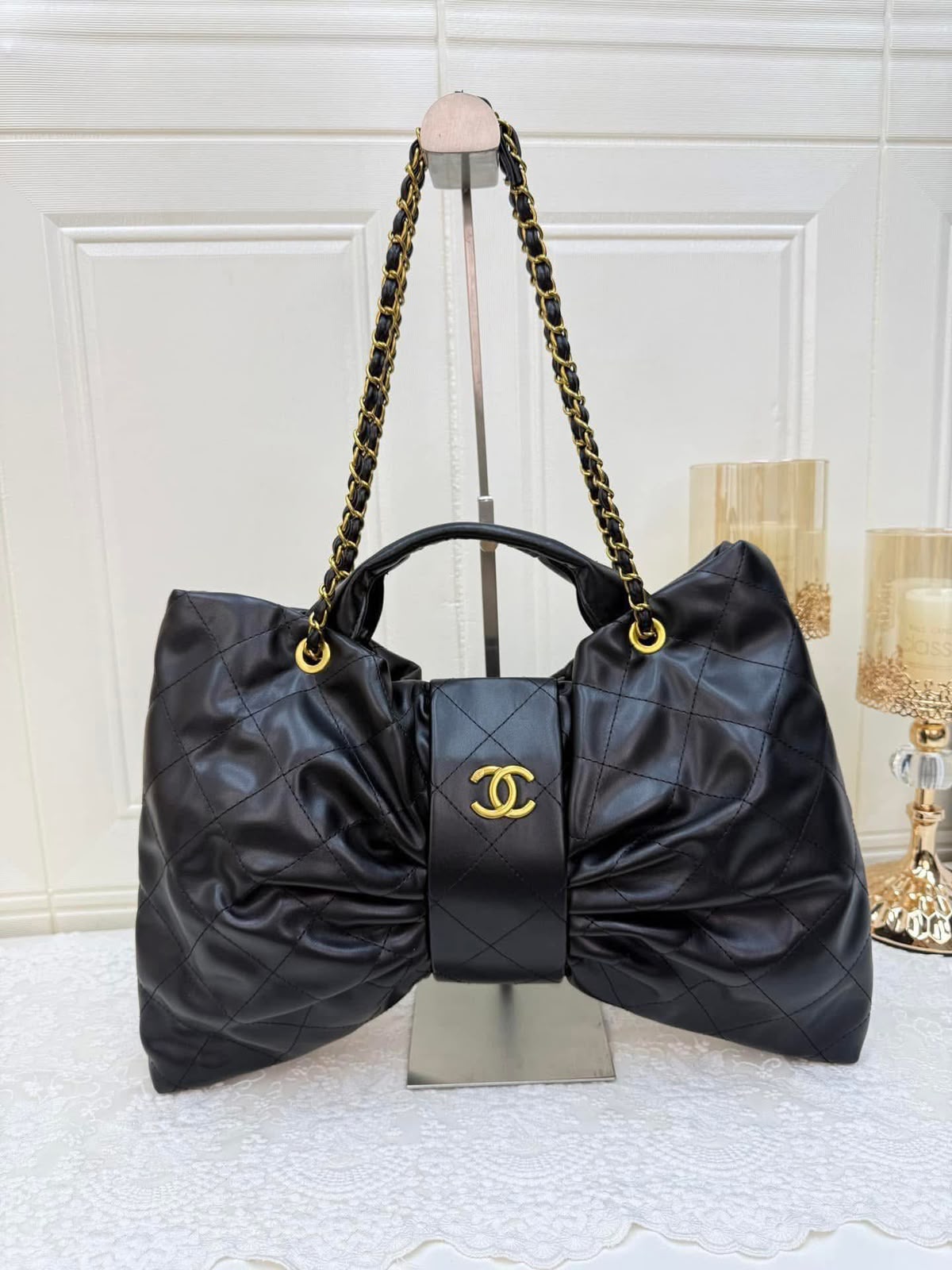 Black Quilted Leather Handbag with Chain Strap