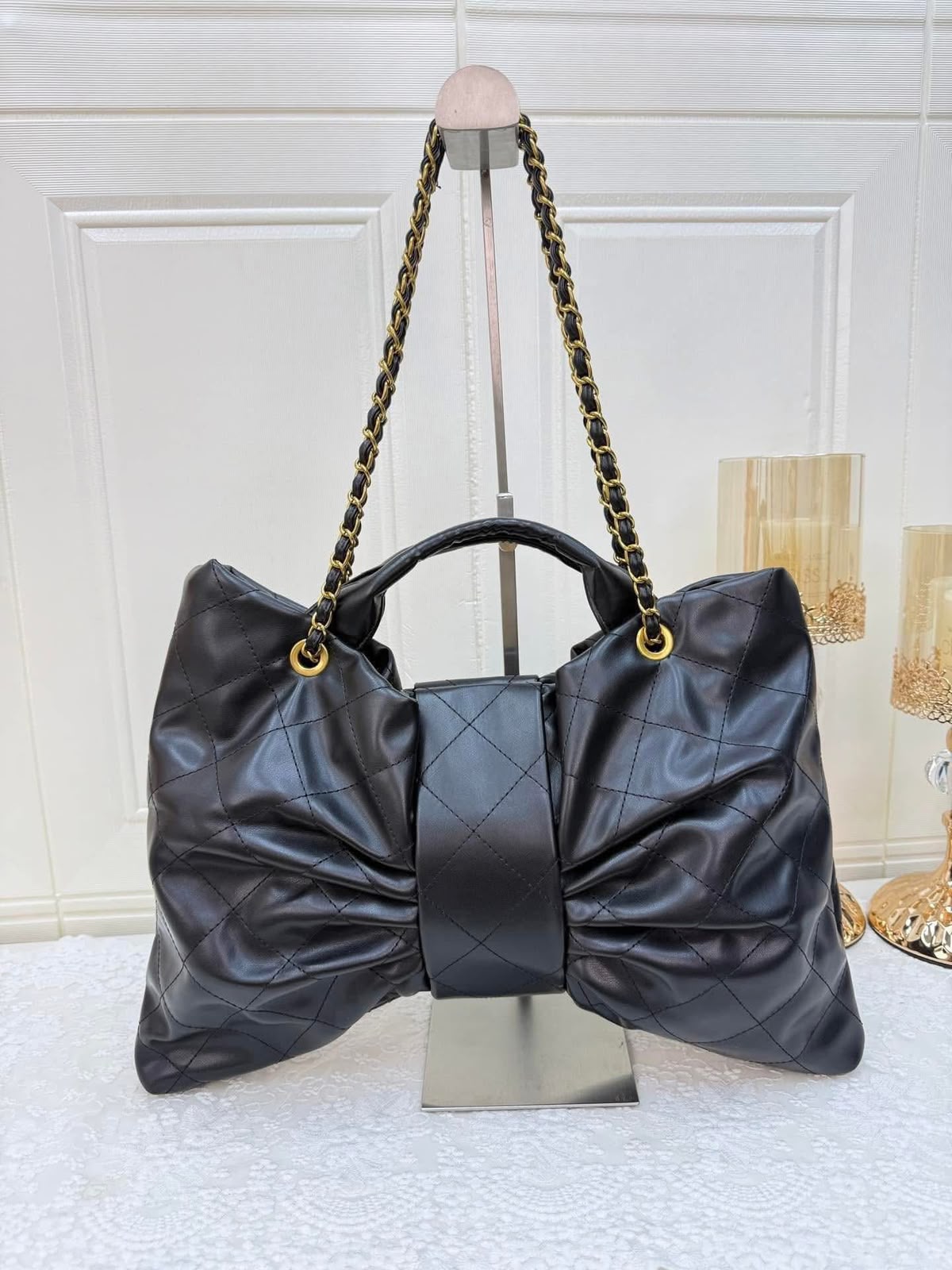 Black Quilted Leather Handbag with Chain Strap