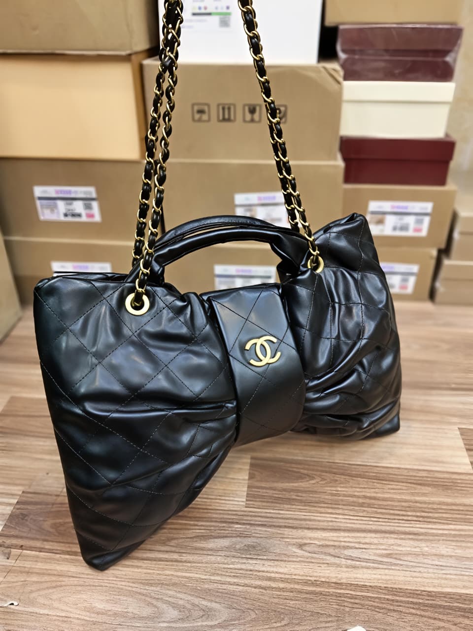 Black Quilted Leather Handbag with Chain Strap