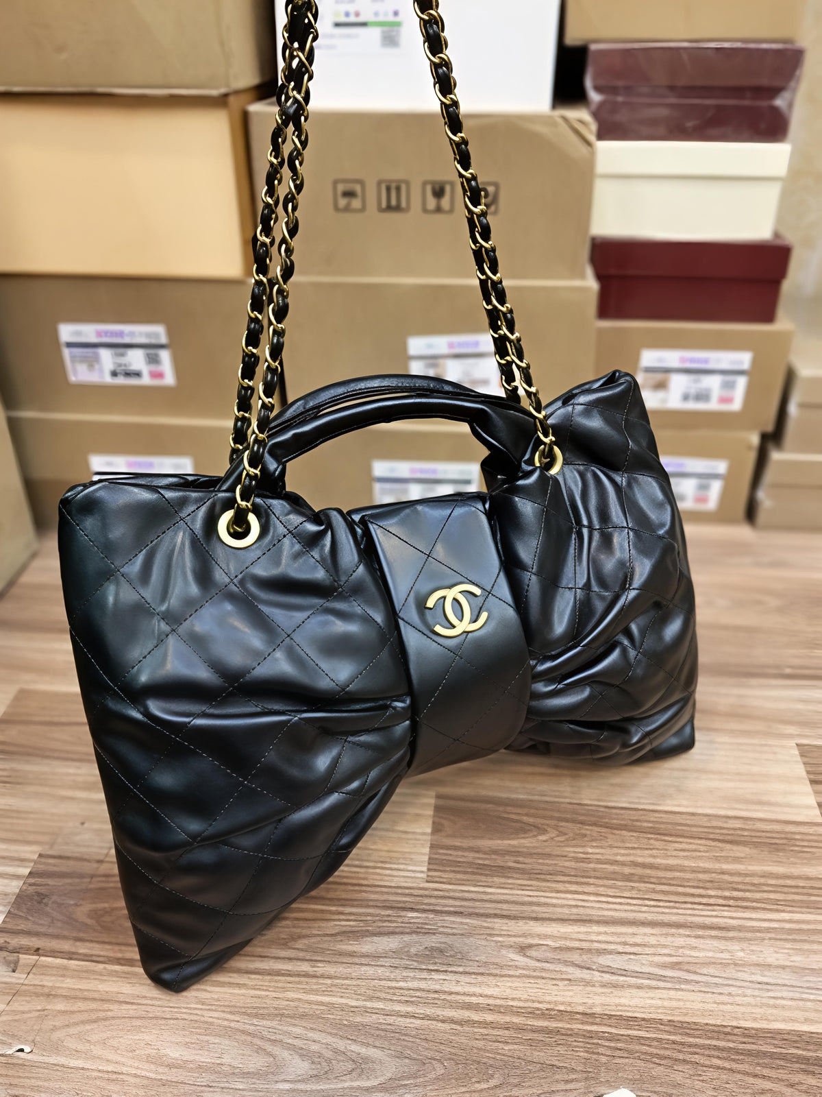 Black Quilted Leather Handbag with Chain Strap